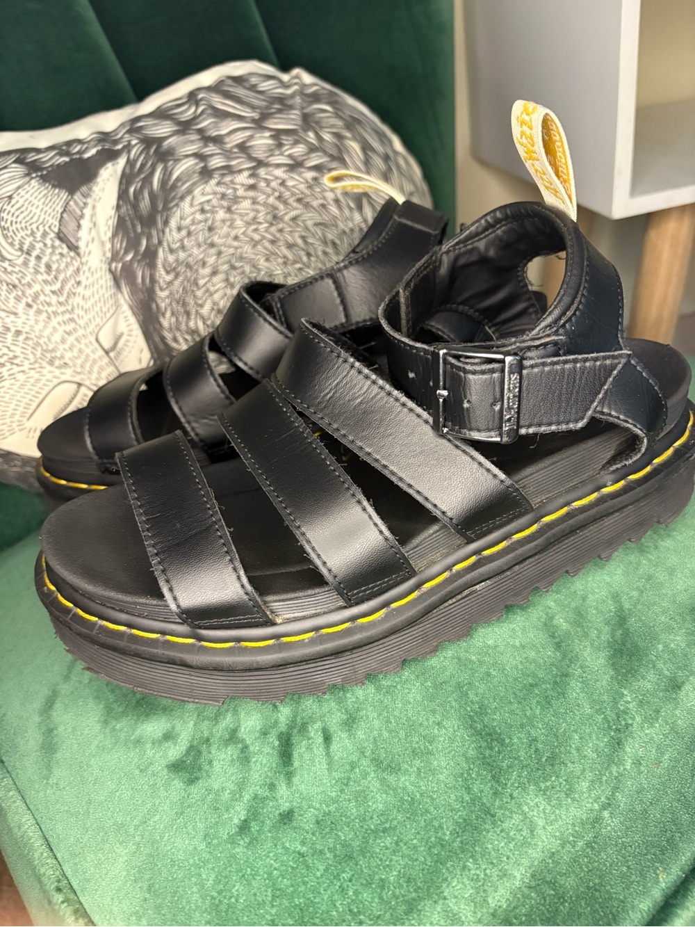 Dr. Martens Black Leather Blair Sandals with Yellow Stitching